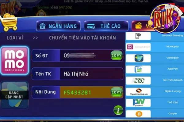 Hướng dẫn nạp tiền Rikvip qua Momo